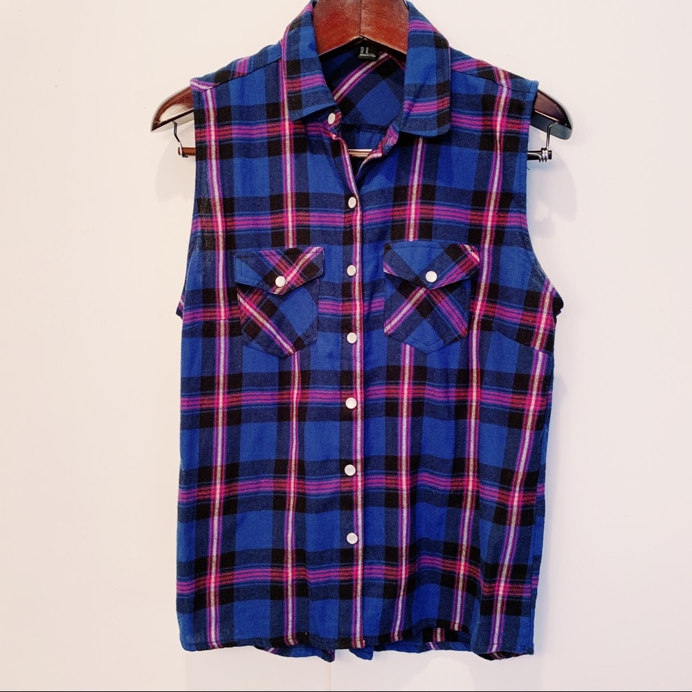 Plaid Sleeveless Button Up